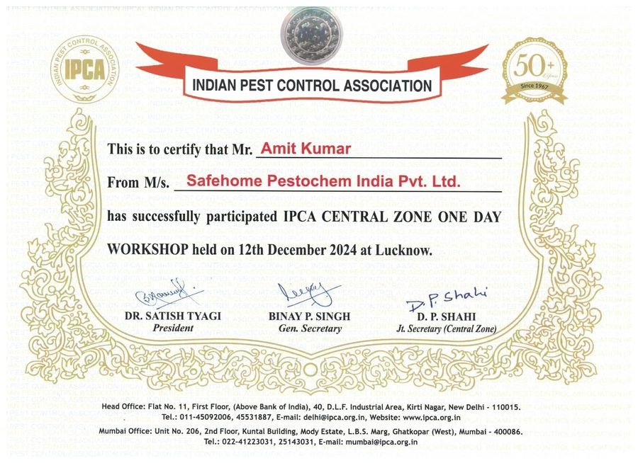 Indian Pest Control Association Central Zone workshop certificate awarded to a Safe Home Pestochem team member