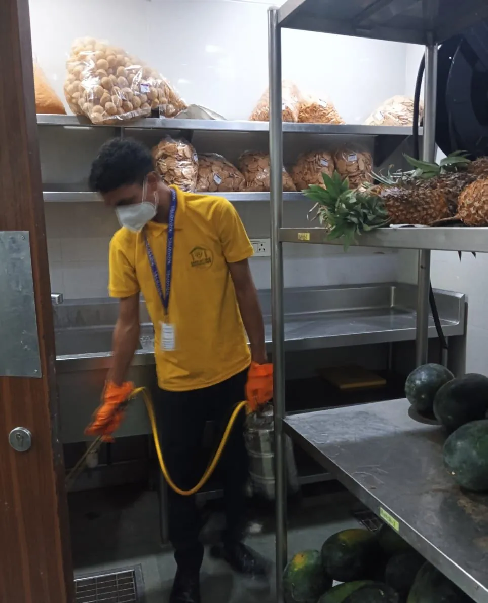 Safe Home technician treating storage racks in a cold room