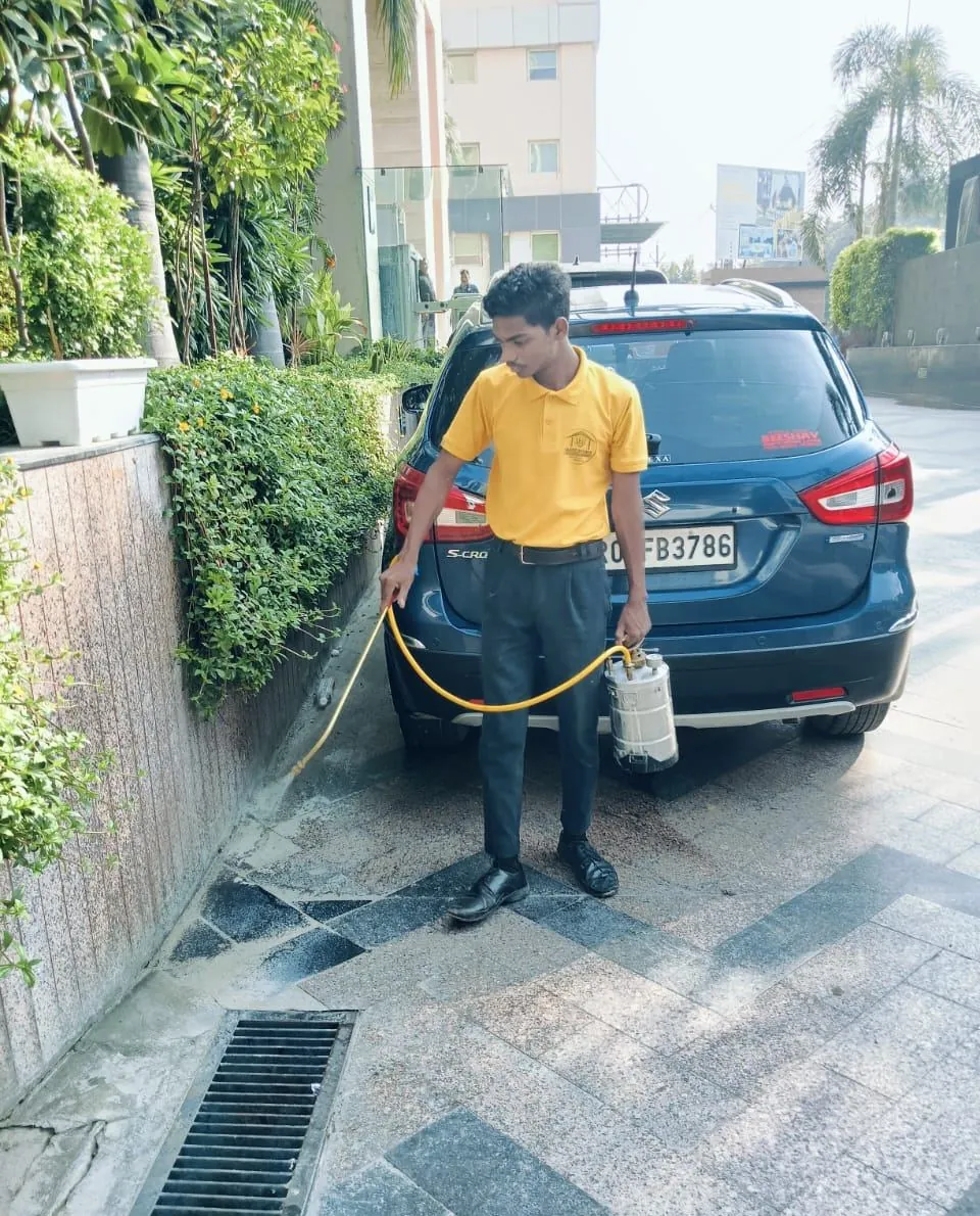 Safe Home technician treating a building's parking area beside a hedge and a storm drain