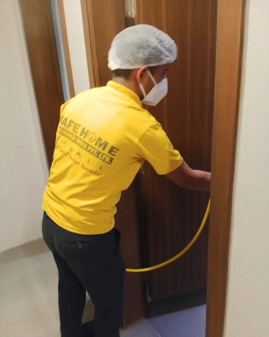 Safe Home Pestochem technician: treating door frames along a hotel corridor